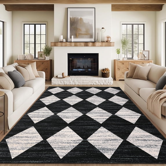 Garvee 9x12ft Geometric Diamond Area Rug, Machine Washable Rug Stain Resistant Indoor Carpet With Non-Slip Backing, Soft Low Pile Rug for Living Room Bedroom Home Office, Black