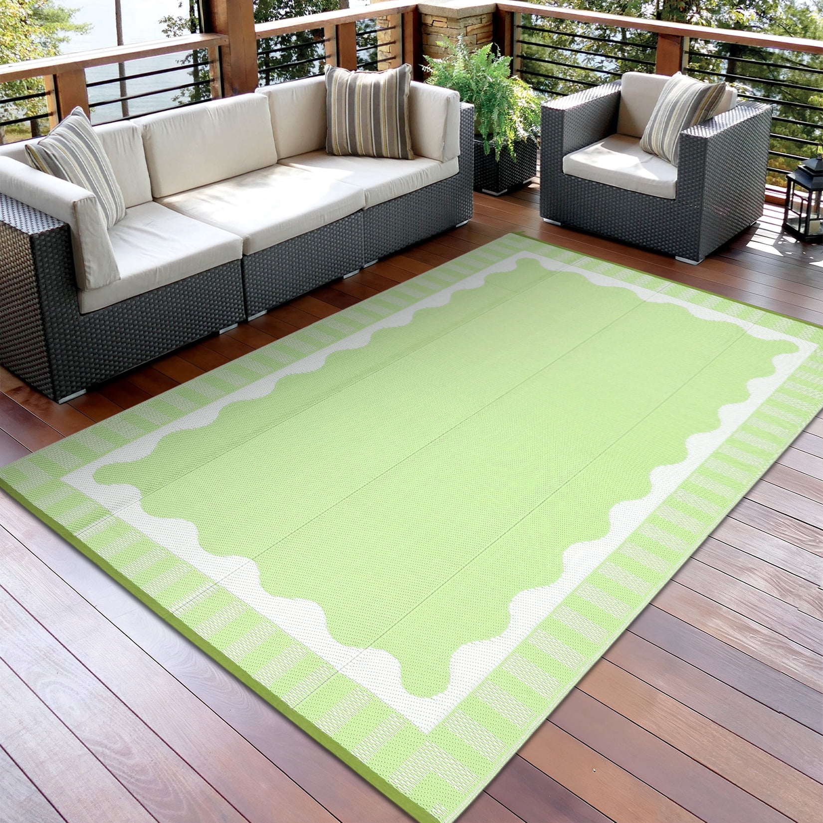 Garvee 9x12ft Outdoor Rug Modern Simple Reversible Area Rug, Plastic Straw Rug Waterproof Outdoor Carpet with Bordered Design for Patio Backyard Camping Beach RV Porch, Light Green