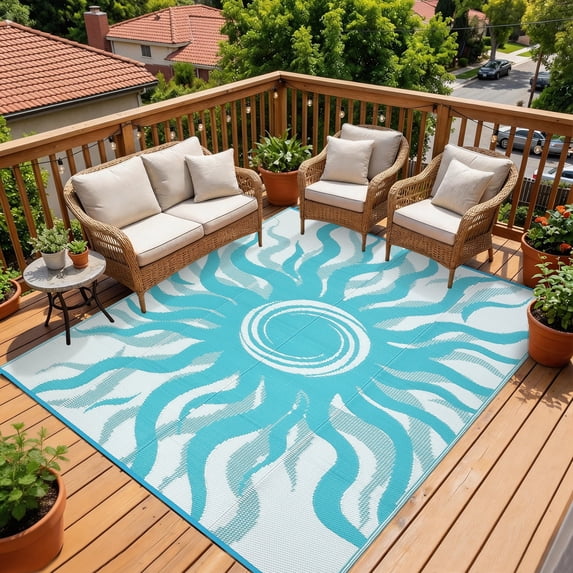 Garvee 9x12ft Outdoor Rug Waterproof Reversible Plastic Straw Rug, Modern Boho Sun Pattern Rug, Large RV Camping Mat Portable Outdoor Carpet for Patio, Balcony, Picnic, Beach, Deck, Light Blue