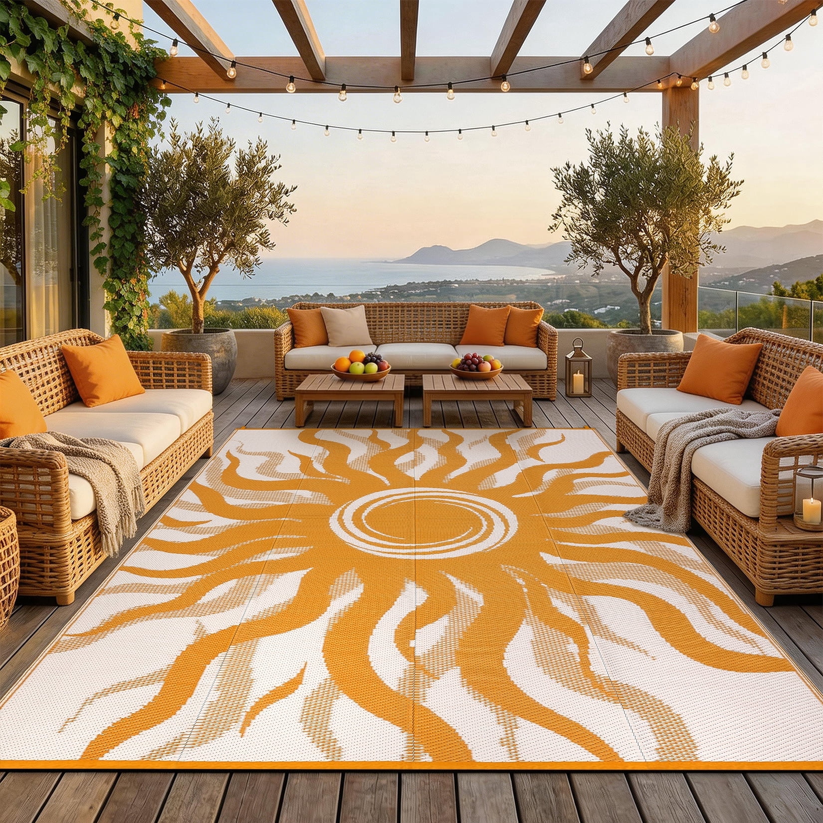 Garvee 9x12ft Outdoor Rug Waterproof Reversible Plastic Straw Rug, Modern Boho Sun Pattern Rug, Large RV Camping Mat Portable Outdoor Carpet for Patio, Balcony, Picnic, Beach, Deck, Orange
