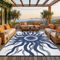 thumbnail image 1 of Garvee 9x12ft Outdoor Rug Waterproof Reversible Plastic Straw Rug, Modern Boho Sun Pattern Rug, Large RV Camping Mat Portable Outdoor Carpet for Patio, Balcony, Picnic, Beach, Deck, Dark Blue, 1 of 9