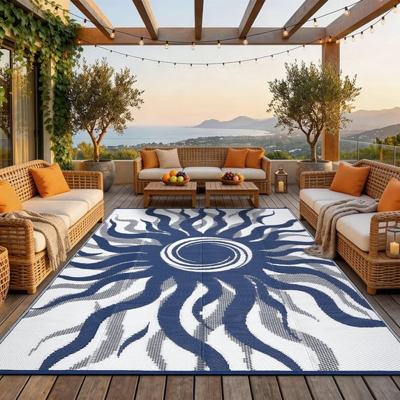 Garvee 9x12ft Outdoor Rug Waterproof Reversible Plastic Straw Rug, Modern Boho Sun Pattern Rug, Large RV Camping Mat Portable Outdoor Carpet for Patio, Balcony, Picnic, Beach, Deck, Dark Blue