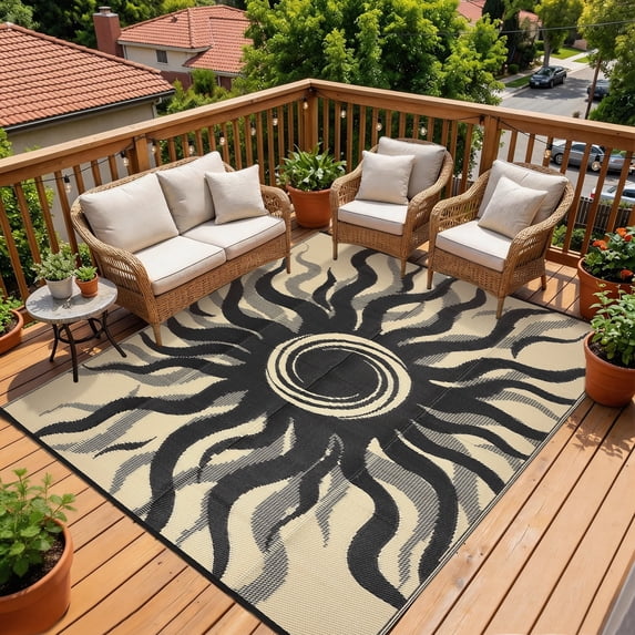Garvee 9x12ft Outdoor Rug Waterproof Reversible Plastic Straw Rug, Modern Boho Sun Pattern Rug, Large RV Camping Mat Portable Outdoor Carpet for Patio, Balcony, Picnic, Beach, Deck, Black/Coffee