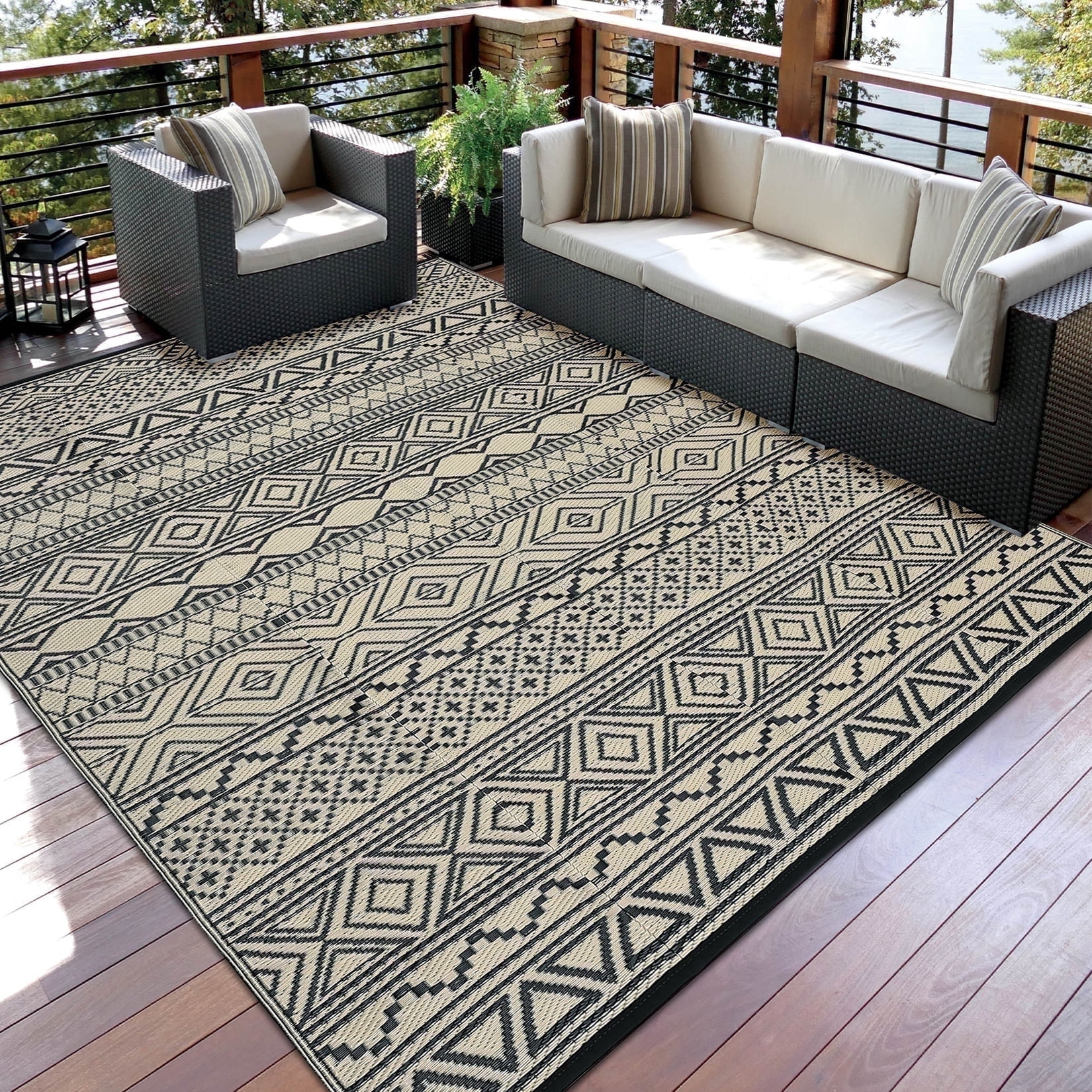 Garvee 9'x12' Plastic Outdoor Rugs, Bohemia Waterproof Straw Rug Reversible Indoor Outdoor Carpet for Patio Deck Porch Backyard Camping Picnic Beach, Black & Brown