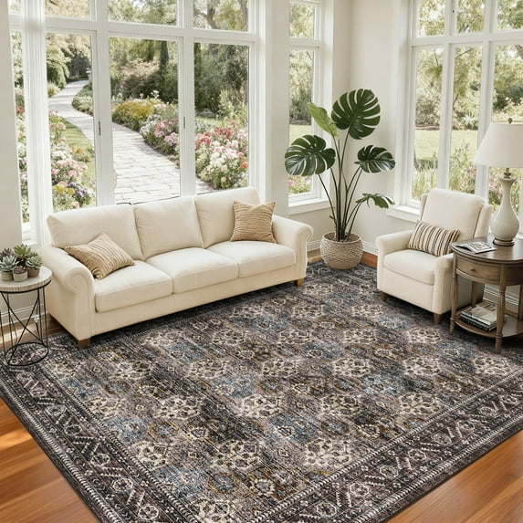 Garvee 9x12ft Vintage Floral Area Rug, Washable Rug Boho Distressed Carpet Non-Slip Throw Rug for Living Room Bedroom Home Office, Brown