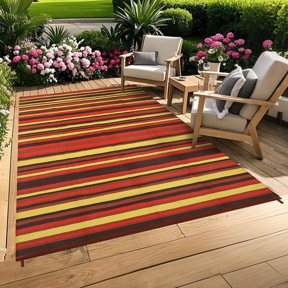 Garvee 9x12ft Waterproof Outdoor Rugs Modern Striped Area Rug for Patio, Reversible UV-Resistant Plastic Straw Rugs Outdoor Camping Carpet for Porch Deck Backyard Balcony, Blue