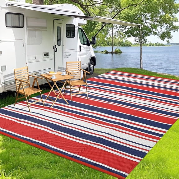 Garvee 9x12ft Waterproof Outdoor Rugs Modern Striped Outdoor Camping Rugs for Patio, Reversible UV-Resistant Plastic Straw Rugs Carpet for Porch, Deck, Backyard, Balcony, Red