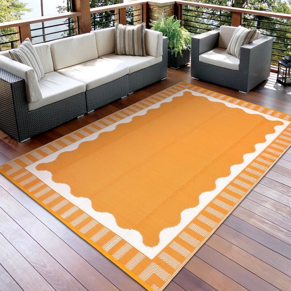 Garvee 9x18ft Outdoor Rug Modern Simple Reversible Area Rug, Plastic Straw Rug Waterproof Outdoor Carpet with Bordered Design for Patio Backyard Camping Beach RV Porch, Orange