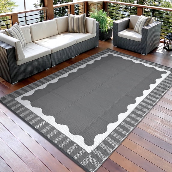 Garvee 9x18ft Outdoor Rug Modern Simple Reversible Area Rug, Plastic Straw Rug Waterproof Outdoor Carpet with Bordered Design for Patio Backyard Camping Beach RV Porch, Gray