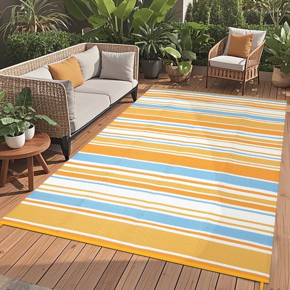 Garvee 9x18ft Waterproof Outdoor Rugs Modern Striped Straw Rugs for Patio, Reversible UV-Resistant Plastic Outdoor Camping Rugs Carpet for Porch, Deck, Backyard, Balcony, Orange