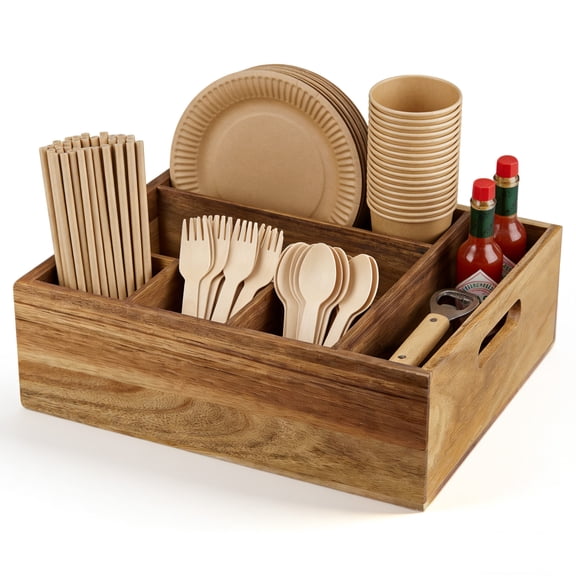 Garvee Acacia Wood Utensil Organizer with 6 Compartments, 11 x 10.5 x 3.74 Inch Party Cutlery Holder, Wooden Tabletop Storage Caddy for Disposable Plates, Cups, Forks & Napkins, Portable Handle