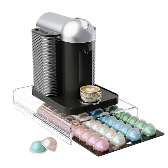 Garvee Acrylic Coffee Pod Holder Drawer for Countertop, Holds 40 Coffee Capsules, Clear Sliding Drawer Organizer, Space Saving Coffee Station Storage, Heavy Duty Coffee Machine Stand