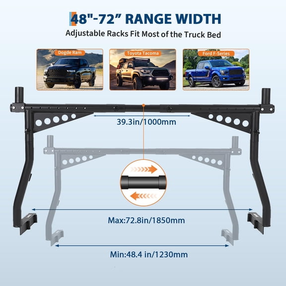 Garvee Adjustable Steel Truck Ladder Rack for Pickup 4872" Extendable Bed Rack 1000 lb Heavy Duty No-Drill Cargo Carrier for Ladders, Kayaks, Lumber, Work Gear Black