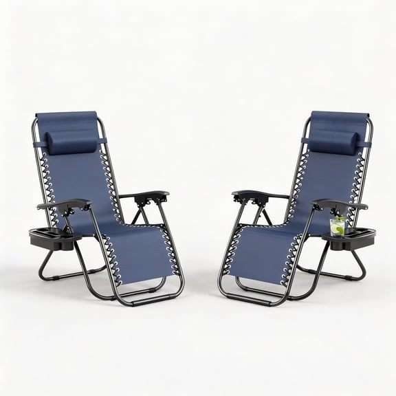 Garvee Adjustable Zero Gravity Lounge Chair Set of 2, Pillow & Cup Holder Tray, Dark Blue