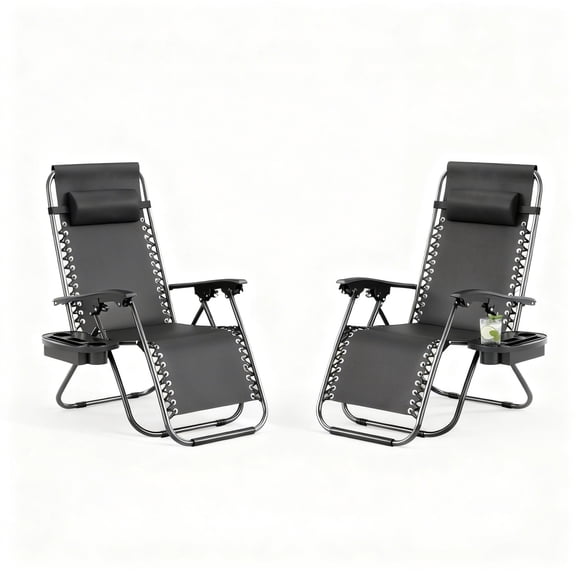 Garvee Adjustable Zero Gravity Lounge Chair Set of 2, Pillow & Cup Holder Tray, Black