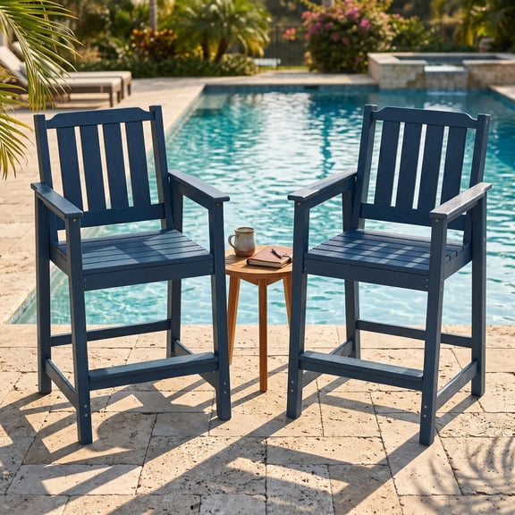 Garvee All-Weather HDPE Adirondack Patio Bar Stools Set of 2 – Tall Chairs with Armrests, Wide Back & Seat, Footrest, Waterproof Outdoor Bar Furniture for Garden, Poolside, Balcony – Navy