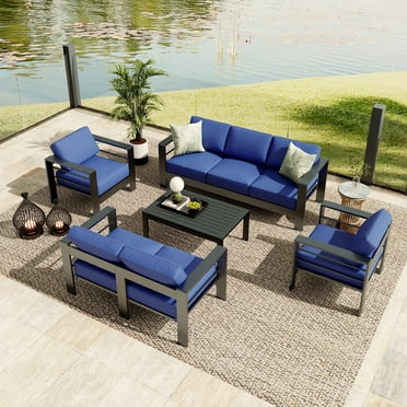 Garvee Aluminum Outdoor Sofa Conversation Sets, 5 Piece, Rust Resistant, Black & Blue