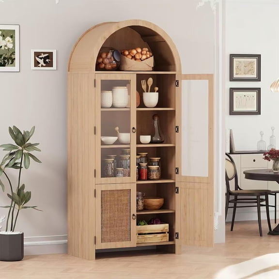 Garvee Arched Bookcase with Glass Doors and Rattan Storage, 71" Modern Display Cabinet, 6-Tier Wood Bookshelf with Adjustable Shelves, Tall Library Cabinet for Home Office, Living Room, Brown
