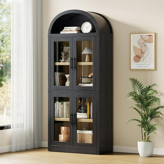 Garvee Arched Bookshelf with Glass Doors, 71.4" Farmhouse Bookcase, Wooden Storage Cabinet with Adjustable Shelves, Rustic Display Shelves for Living Room, Kitchen, Office, Black