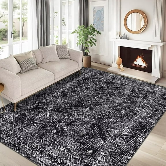 Garvee Area Rug 9'x12' Washable Vintage Geometric Rug Non-Shedding Stain-Resistant Accent Rugs Home Decor, Black