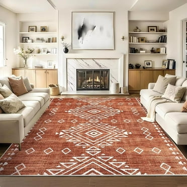 Garvee Area Rugs 9'x12' Washable Rug Indoor Bedroom Geometric Rug Large Bohemian Farmhouse Rug Soft Foldable Rug, Brick Red