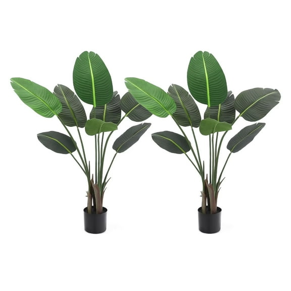 Garvee Artificial Bird of Paradise Plant 2 pcs 4 Feet (47in) Tall Fake Banana Leaf Plant for Indoors and Outdoors, Faux Palm Tree with Plastic Pot for Office and Home Decor