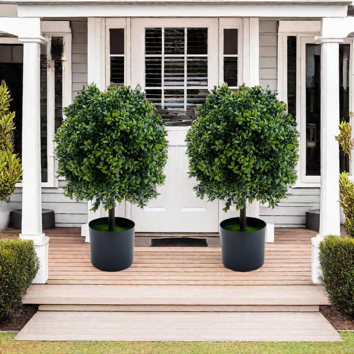 Garvee Artificial Topiary Trees Set of 2 Fake Topiary Boxwood Ball Tree without Fruit Faux Shrubs Plants Green Decor Indoor Porch Garden Dark Green 20inch