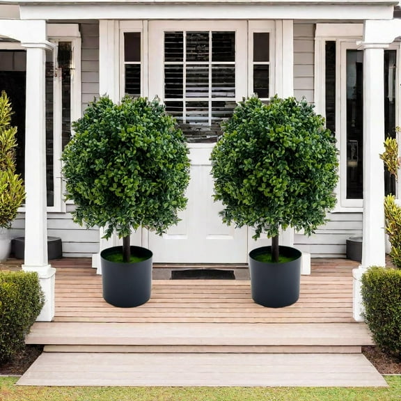 Garvee Artificial Topiary Trees Set of 2 Fake Topiary Boxwood Ball Tree without Fruit Faux Shrubs Plants Green Decor Indoor Porch Garden Dark Green 20inch