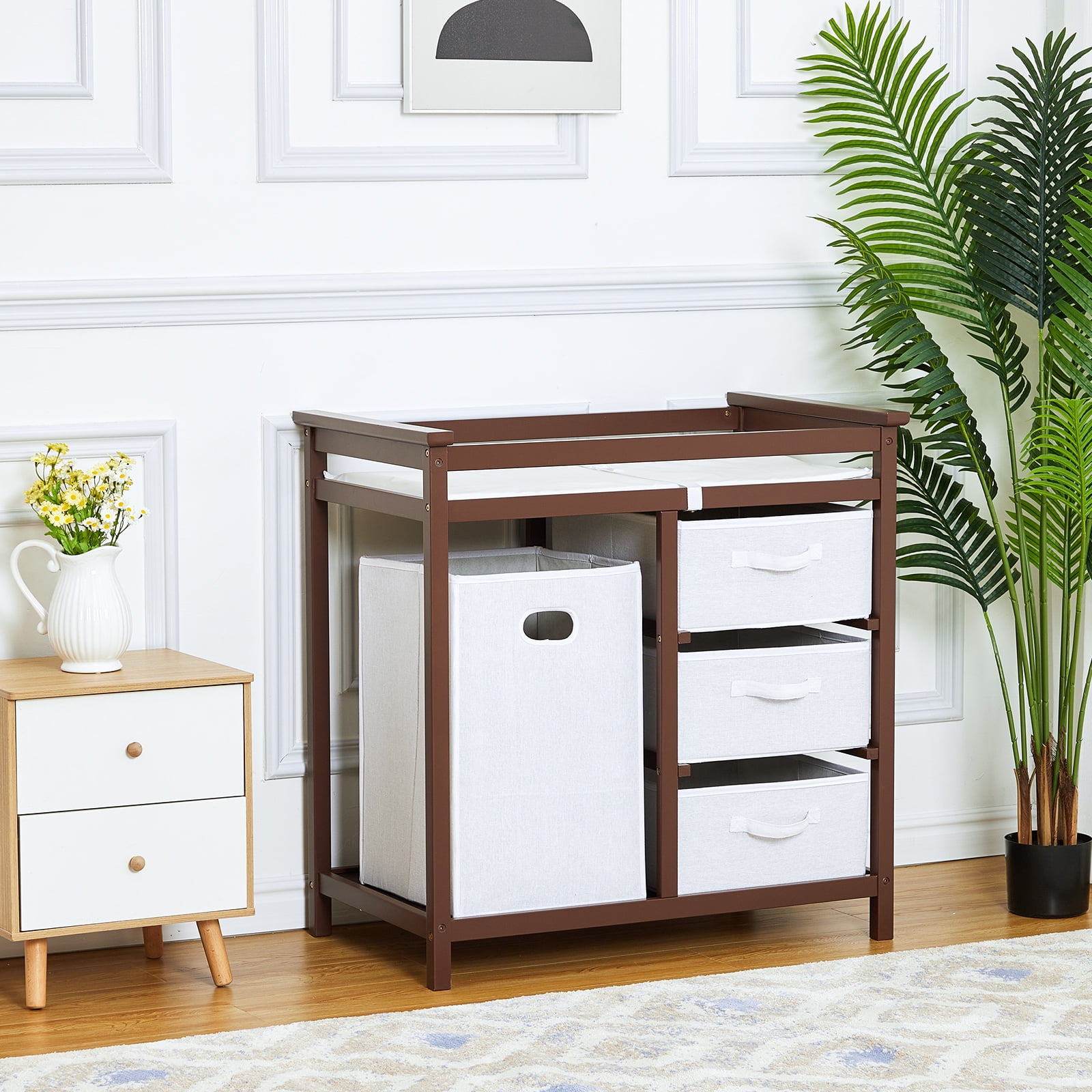 Garvee Baby Changing Table, 3 Drawer Basket & Changing Pad, 34.3"H Wooden Diaper Changing Station with Laundry Hamper, Brown