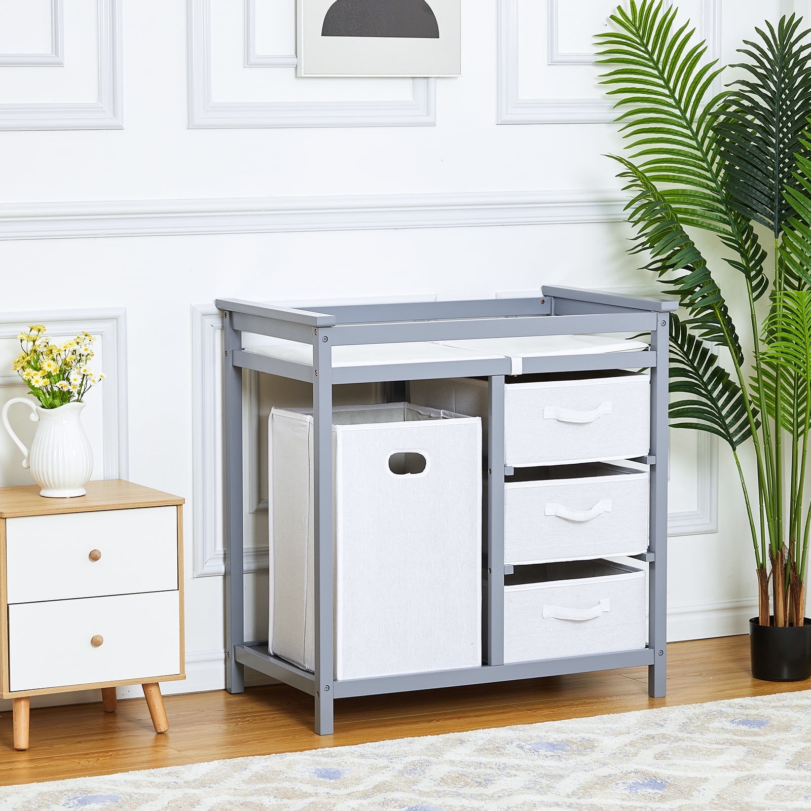 Garvee Baby Changing Table, 3 Drawer Basket & Changing Pad, 34.3"H Wooden Diaper Changing Station with Laundry Hamper, Gray