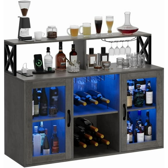 Garvee Bar Cabinet with Power Outlets, LED Lights & Glass Holder, Wine Cabinet with Storage & Racks, Modern Liquor Storage Cabinet for Home Bar, Kitchen