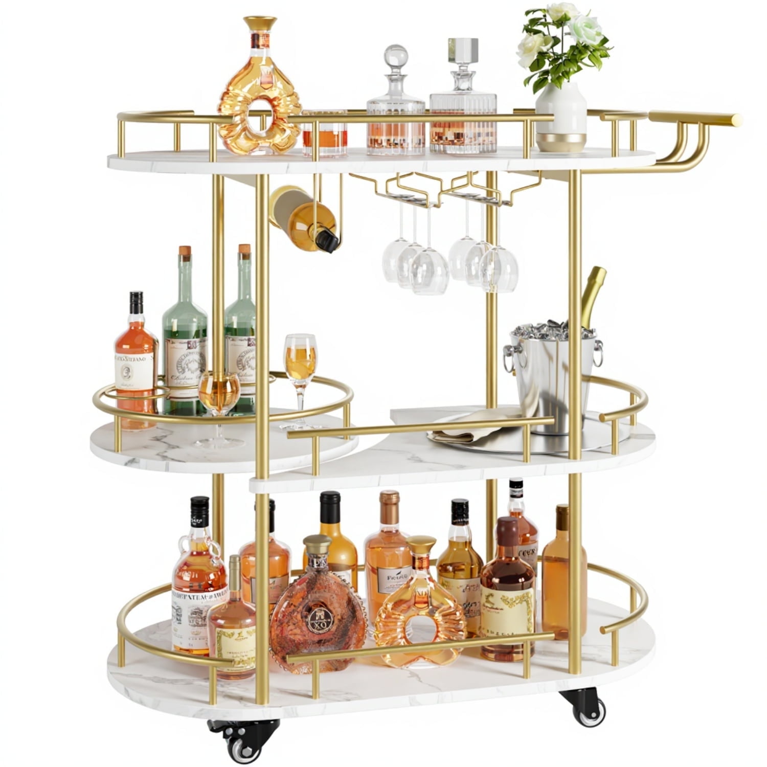 Garvee Bar Serving Cart with 3-Tier Storage Shelves, Wine Rack, Glass Holder, Golden and White