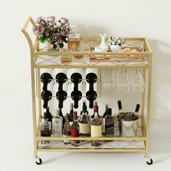 Garvee Bar Serving Cart, with 2-Tier Storage Shelves, Wine Rack, Glass Holder, Golden