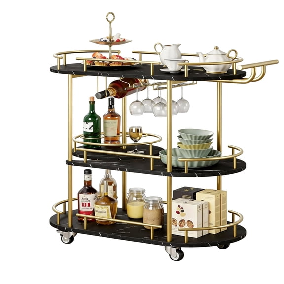Garvee Bar Serving Cart with 3 Tier Storage Shelves, Wine Rack, Glass Holder, Golden and Black