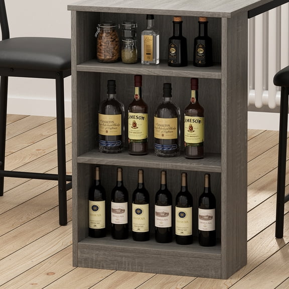 Garvee Bar Table and Chairs Set of 2, 3 Piece Counter Height Dining Table Set with 3-Layer Shelves and 2 Upholstered Chairs, Space Saving Kitchen Table Set for Apartment Studio Pub, Grey