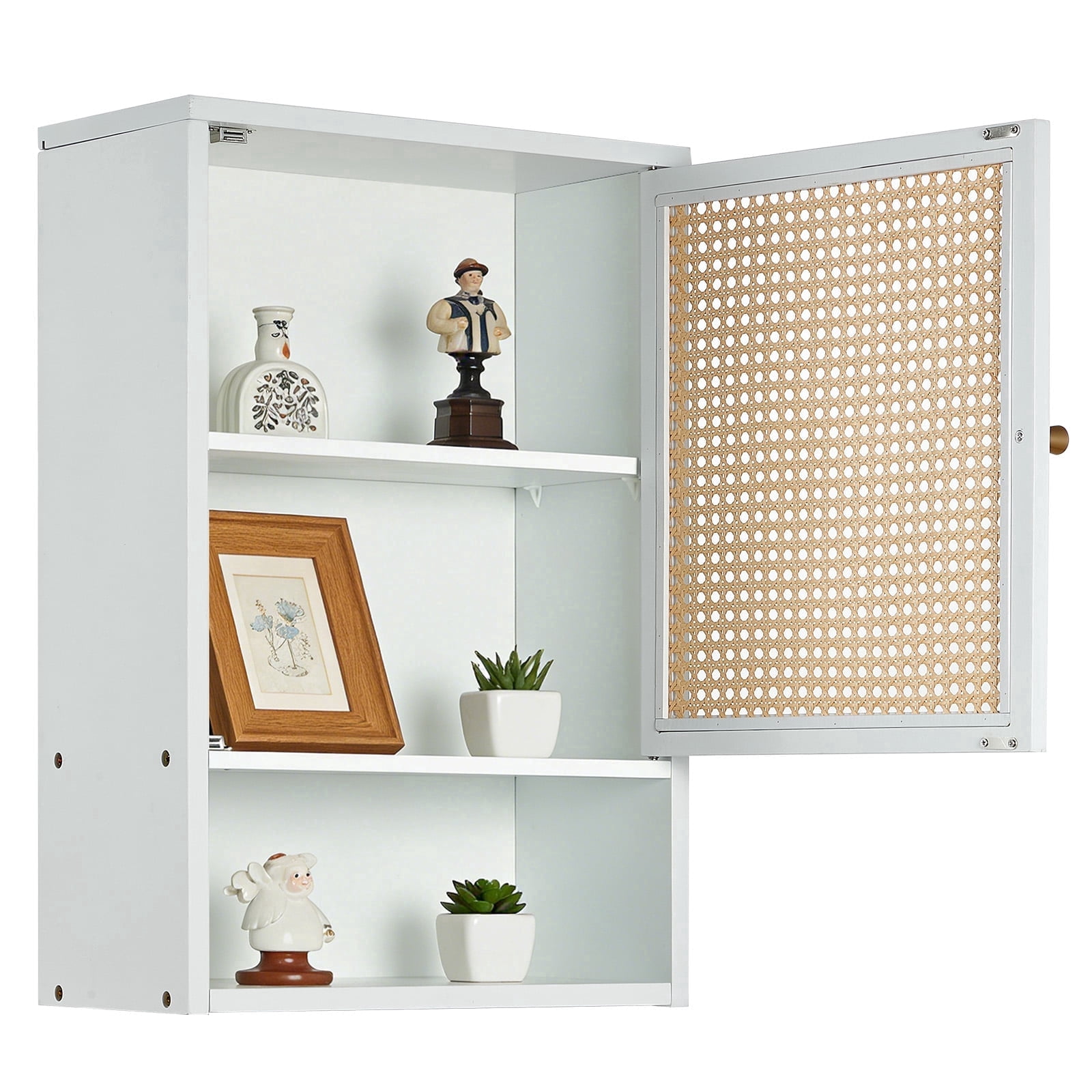 Garvee Bathroom Wall Cabinet, Bamboo Over-The-Toilet Storage Organizer with Rattan Doors and Adjustable Shelf, Space Saver Medicine Cabinet for Laundry, Kitchen, Living Room and Home Office White