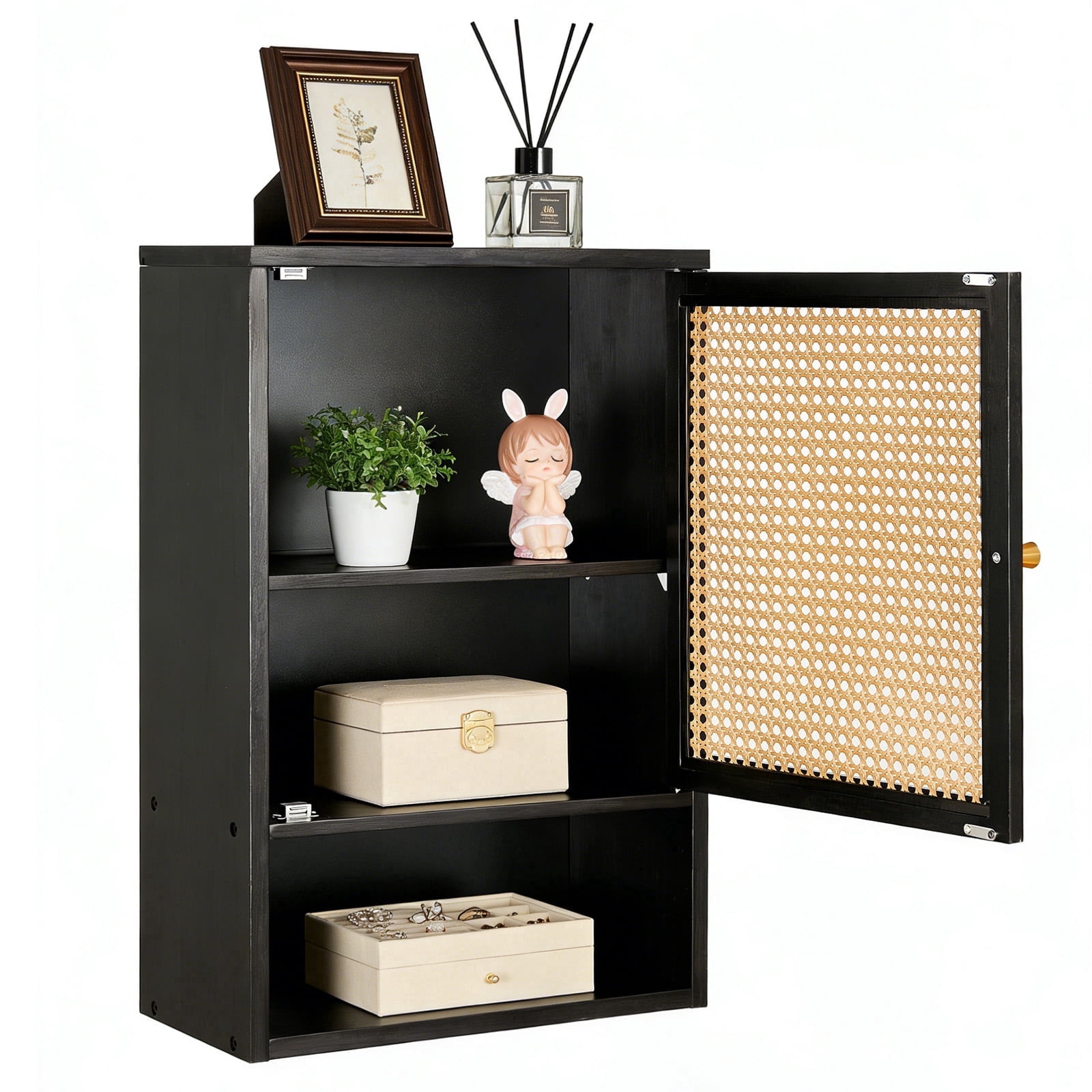 Garvee Bathroom Wall Cabinet, Bamboo Over-The-Toilet Storage Organizer with Rattan Doors and Adjustable Shelf, Space Saver Medicine Cabinet for Laundry, Kitchen, Living Room and Home Office Black