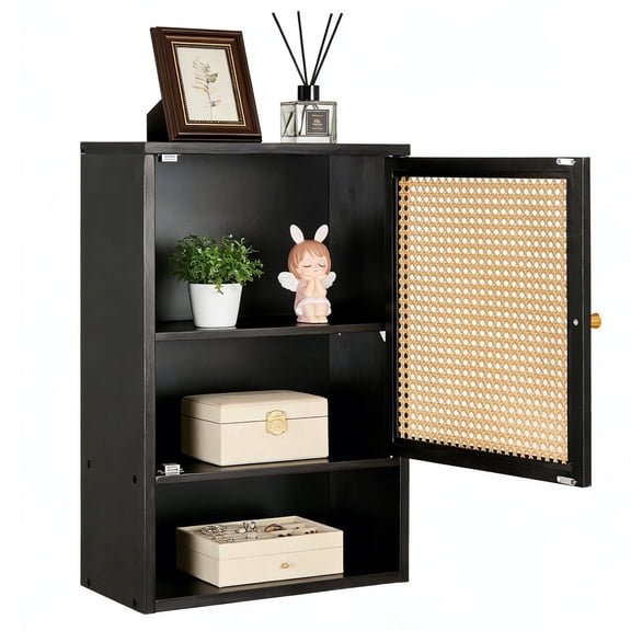 Garvee Bathroom Wall Cabinet, Bamboo Over-The-Toilet Storage Organizer with Rattan Doors and Adjustable Shelf, Space Saver Medicine Cabinet for Laundry, Kitchen, Living Room and Home Office Black