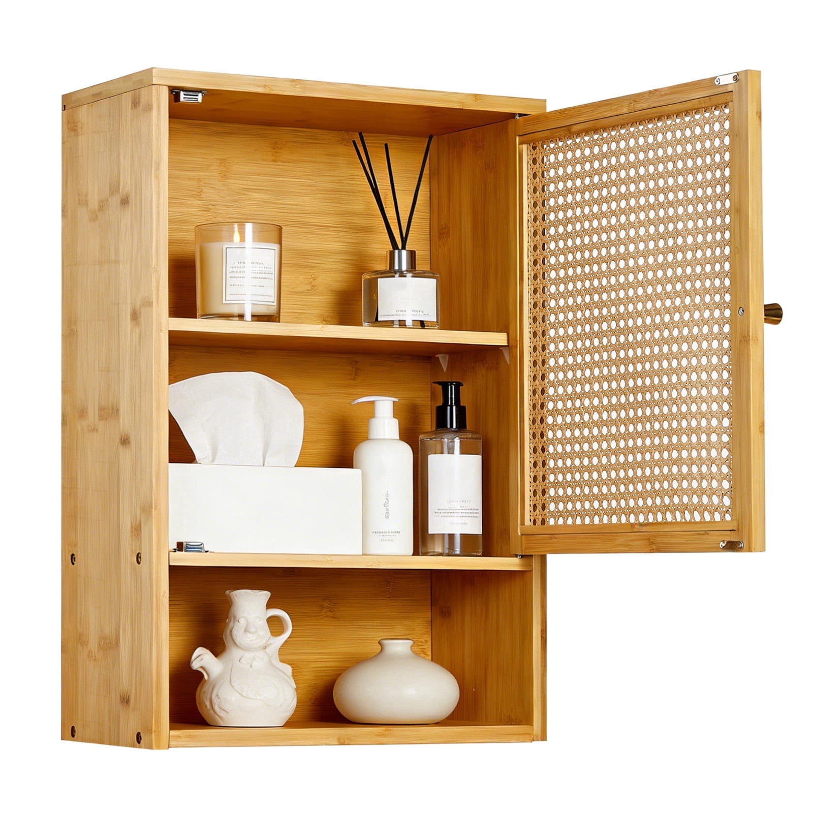 Garvee Bathroom Wall Cabinet, Bamboo Over-The-Toilet Storage Organizer with Rattan Doors and Adjustable Shelf, Space Saver Medicine Cabinet for Laundry, Kitchen, Living Room and Home Office Wood