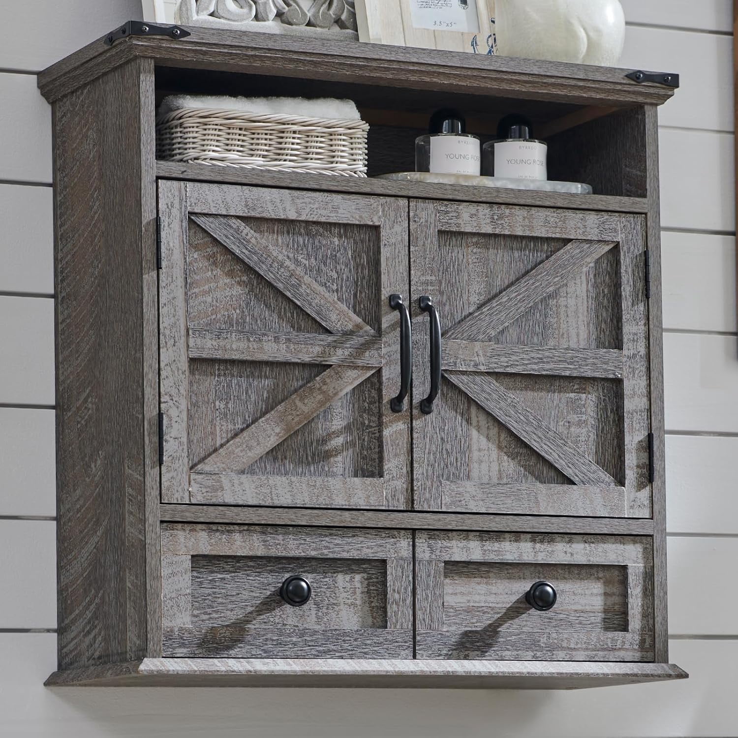 Garvee Bathroom Wall Cabinet, Farmhouse Medicine Cabinet, 24" Wide Cabinet with Drawer, Adjustable Shelf, Double Barn Doors, Storage Cabinet for Bathroom, Kitchen, Living Room Gray