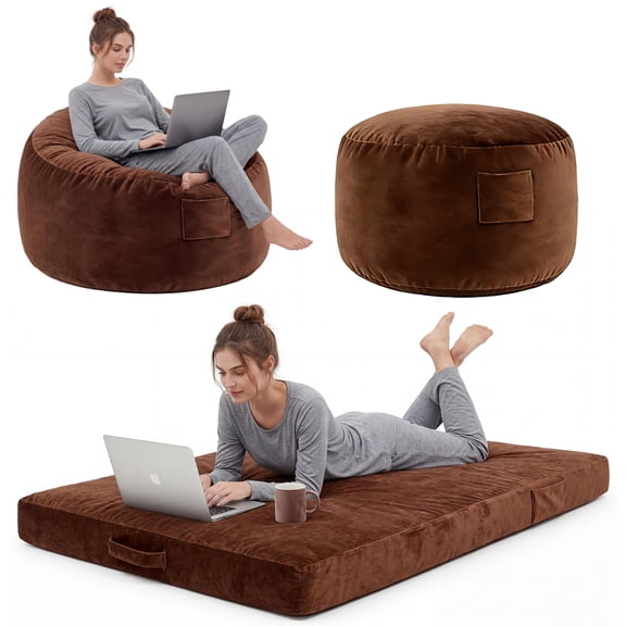Garvee Bean Bag Chair for Adults, Teens and Kids, Premium Memory Foam Filled Lazy Floor Sofa, Soft Velvet Fabric Convertible Seat Cushion for Living Room Bedroom Gaming Room, Brown