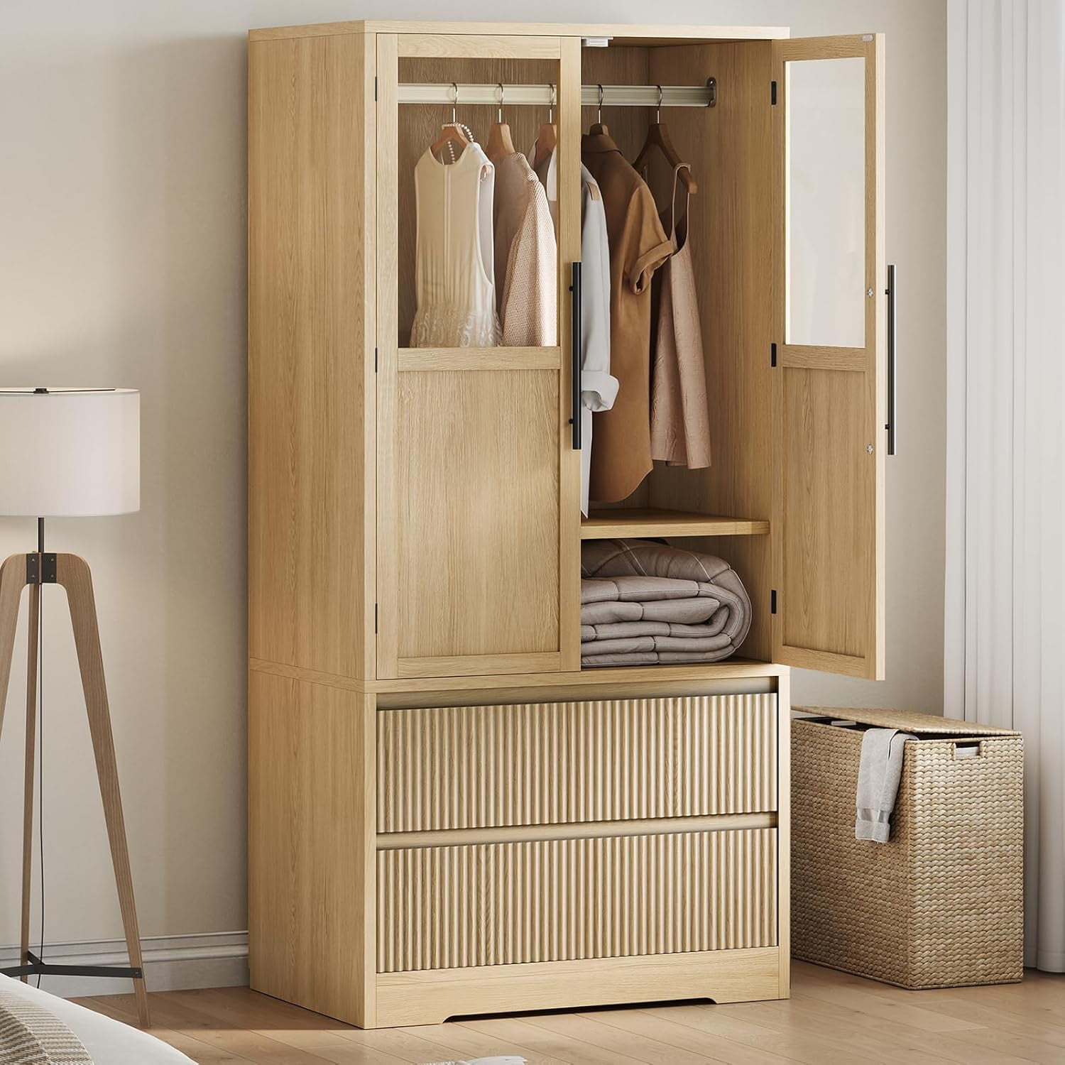Freestanding Wooden Armoire Wardrobe - Tall Storage Cabinet With Glass Doors, 2 Drawers & Hanging Rod (Natural Finish)