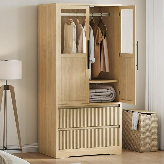 Bedroom Wooden Armoire Wardrobe Closet with Glass Doors, 2 Drawers, Shelves & Hanging Rod Large Freestanding Cabinet Natural Finish
