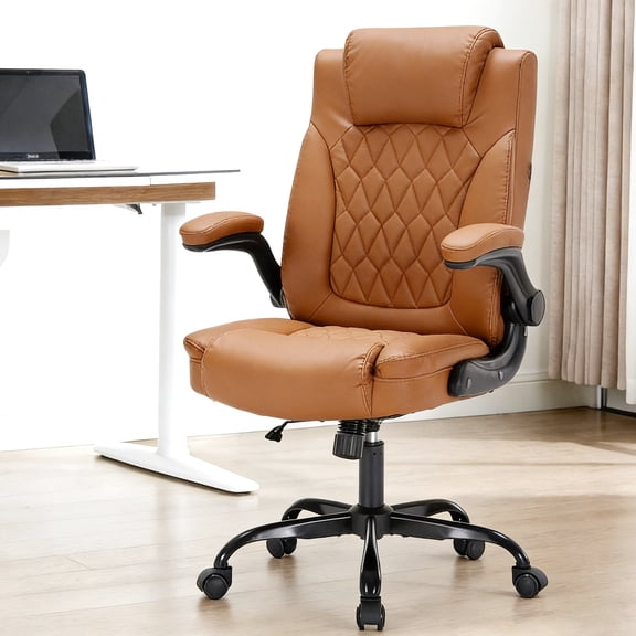 Garvee Big and Tall Executive Leather Office Chair – 350 lbs Capacity Ergonomic Computer Desk Chair – Lumbar Support, Adjustable Turn-Up Arms & Wheels, High Back Managerial Chair – Brown