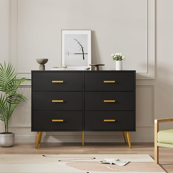 Garvee Black 6-Drawer Dresser with Gold Handles, Wooden Chest with Deep Drawers, Ample Storage for Bedroom, Living Room, and Entryway