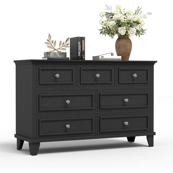 Garvee Black Dresser for Bedroom, 7 Drawer Dresser, Wooden Chest of Drawers with Deep Drawers, 47" Long Dressers TV Stand, Modern Dressers Organizer with Vintage Handle for Living Room, Hallway