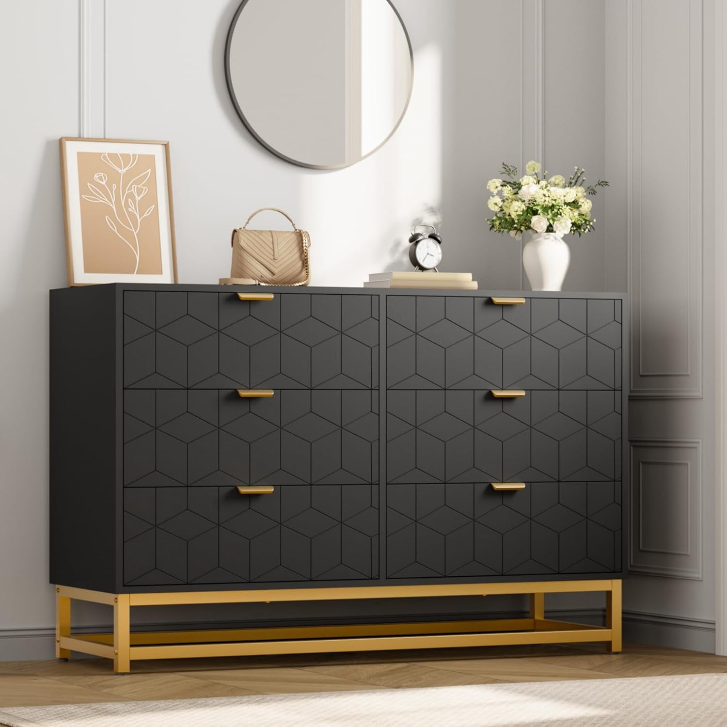 Garvee Black Dresser for Bedroom,Modern 6 Drawer Double Dresser with Gold  Handles,Long Storage Organizer for TV Stand & Closet,Large Chest of Drawers  ...