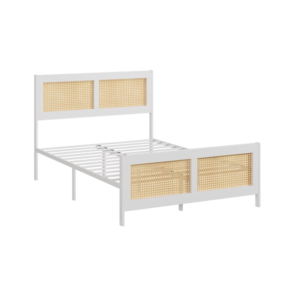 Garvee Bohemian Rattan Bed Frame – Full Size Platform with Headboard, Strong Metal Slats, Noise-Free Support, No Box Seasonal Needed, Modern Bedroom Furniture – White