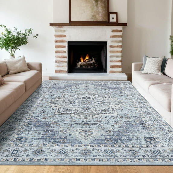 Garvee Boho Area Rug, 10'x13' Vintage Rug Bohemian Washable Rug Non-Slip Low Pile Carpet for Living Room Bedroom Dining Room, Blue