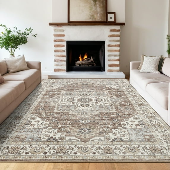 Garvee Boho Area Rug, 8'x10' Vintage Rug Bohemian Washable Rug Non-Slip Low Pile Carpet for Living Room Bedroom Dining Room, Light Brown